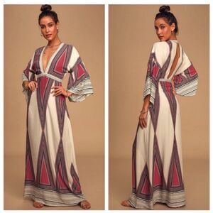 NWT - LULUS Montecito Cream Print Maxi Dress, Plunging V, Kimono, Sz S